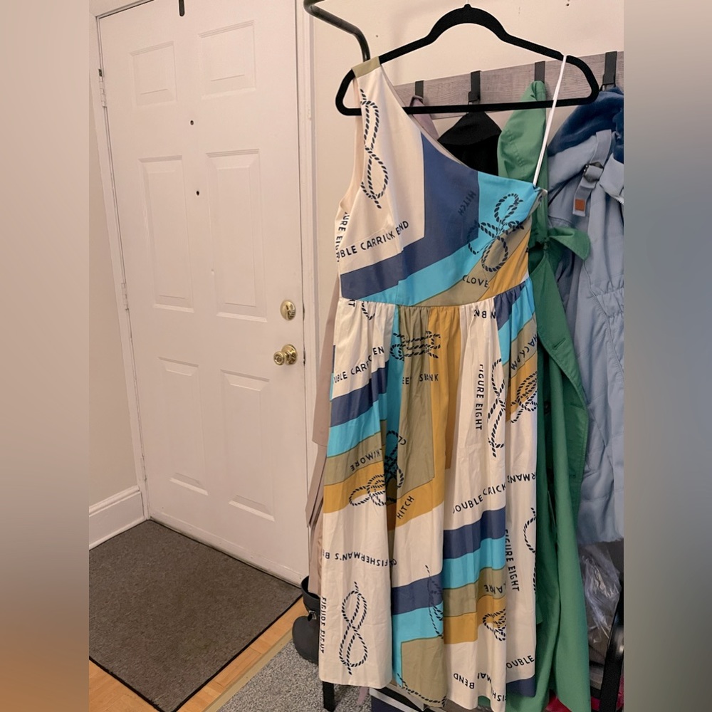 NWOT J Crew One Shoulder Cotton Poplin Midi Dress in Ratti Sail Away Print, Sz 6